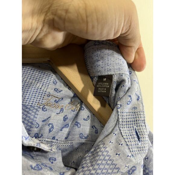 Linen Blend Boho Paisley Button Down Camp Shirt M Resort Patchwork Retro Blue - Picture 6 of 13